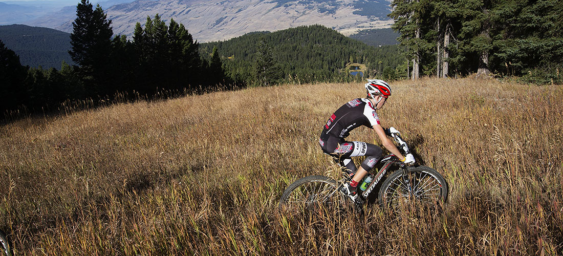 Mountain Bike Rider wearing spoke n motion gear riding Harper Mountain